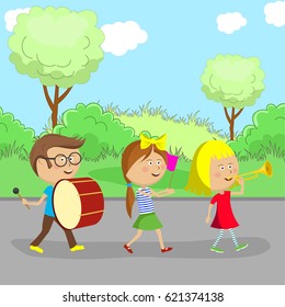 Children go on the road and play instruments such as a drum and trumpet