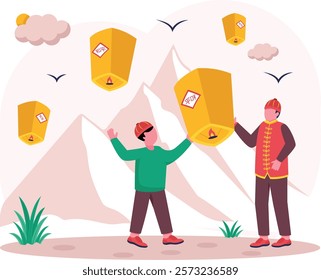 children go out at night carrying paper lanterns and solve riddles on the lanterns concept, sky candles fire balloons vector design, Chinese New Years Beginnings scene, Zodiac Wood Snake 2025 banner