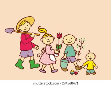 children go to plant a garden. vector drawing