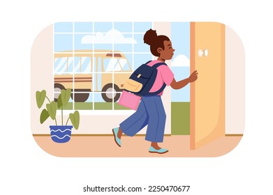 Children go to school bus concept with people scene in flat design. Teenager girl with backpack opens door and going to class by public transport. Vector illustration with character situation for web