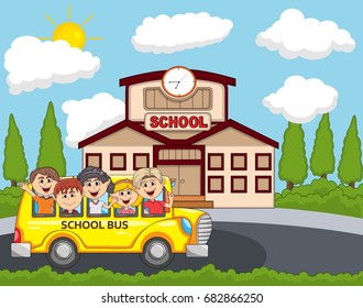 Children go to school by bus cartoon vector illustration