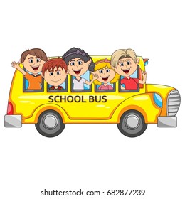 Children go to school by bus cartoon vector illustration