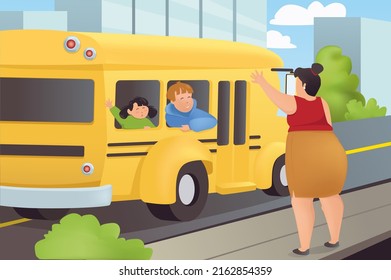 Children Go To School Concept In Flat Cartoon Design. Mom Waving To Son And Daughter While Kids Ride At Retro School Bus. Boy And Girl Going To Class. Vector Illustration With People Scene Background