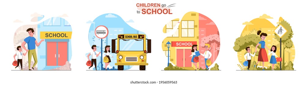 Children go to school concept scenes set. Parents take their children to school, students with bags rush to lessons. Collection of people activities. Vector illustration of characters in flat design