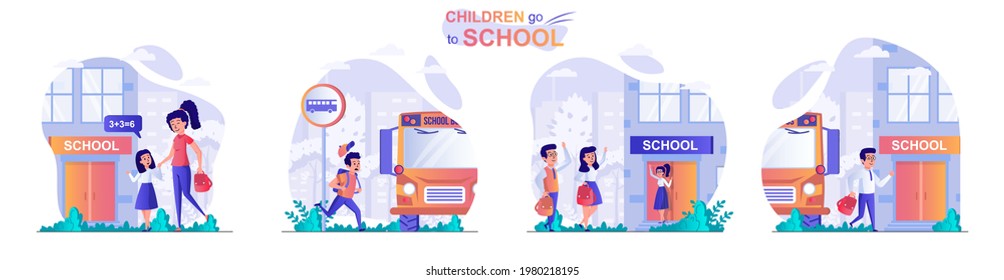 Children go to school concept scenes set. Mom leads daughter to class, pupil rushes to school bus, primary education. Collection of people activities. Vector illustration of characters in flat design