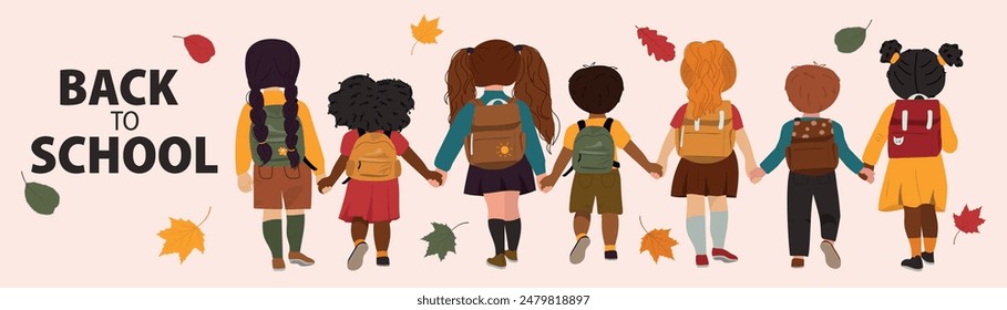 Children go to school holding hands. Back to school concept. 