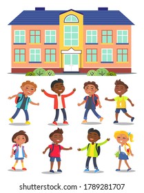 Children go to school. Illustration of a cartoon school building in a flat style. Smiling girls and boys with backpacks go to the classroom. Running, playing, cheerfully kids . Education subjects