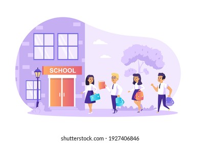 Children go to school scene. Group of pupils in uniform go to lessons. Schoolchildren hold backpacks. School education, primary student concept. Vector illustration of people characters in flat design