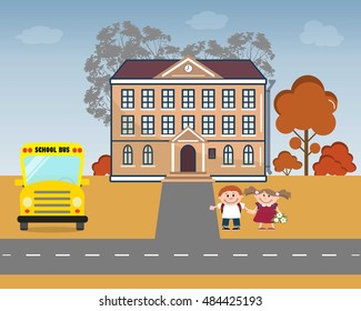 Children go to school. There is a school, school bus, pupils, road and autumn trees in the picture. Flat style vector illustration