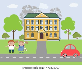 Children go to school. There are school, trees, the pupils, car in the picture. Flat style vector illustration