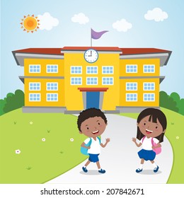 Children go to school. Vector illustration of school boy and girl 
