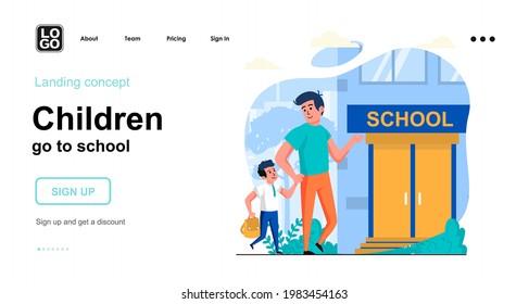 Children go to school web concept. Father takes his son to school in morning. Pupil goes to lesson. Template of people scenes. Vector illustration with character activities in flat design for website