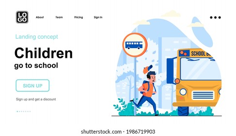 Children go to school web concept. Boy hurrying to school bus. Schoolboy is late for lessons. Template of people scene. Vector illustration with character activities in flat design for website