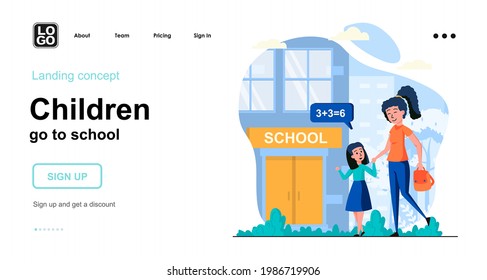 Los niños van al concepto de web escolar. Mamá lleva a su hija a la escuela por la mañana. Educación primaria. Plantilla de escena de personas. Ilustración vectorial con actividades de carácter en diseño plano para sitio web