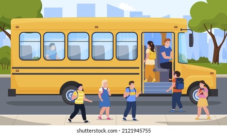 Children go to yellow school bus with driver vector flat illustration. Kids with backpacks boarding into public service going education at street neighborhood. Boys and girls use travel transportation