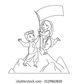 Children Goal And Successful Achievement Black Line Pencil Drawing Vector. Cheerful Boy And Girl Installing Flag On Mountain Peak, Childhood Success Done Goal. Characters Schoolboy And Schoolgirl