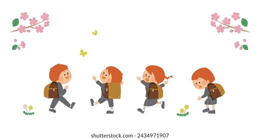 Children going to elementary school cute illustration material