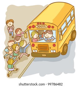 Lot of children going up on the School bus