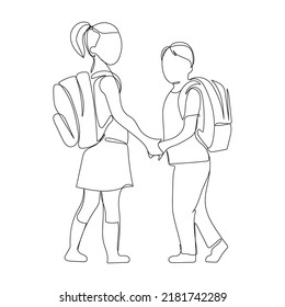 Children going to School with backpacks continuous line drawing, vector graphic. Schoolchildren boy and girl go to school holding hands, simple drawing, black and white illustration