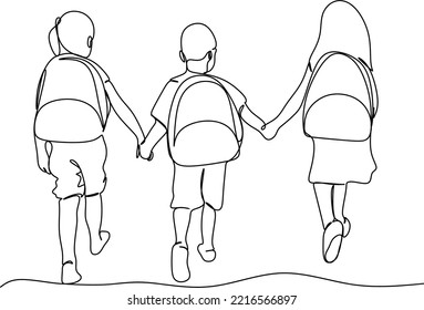 Niños yendo a la escuela con mochilas de dibujo continuo, gráfico vectorial. Niños y niñas en edad escolar van a la escuela tomados de la mano, dibujo simple, ilustración en blanco y negro