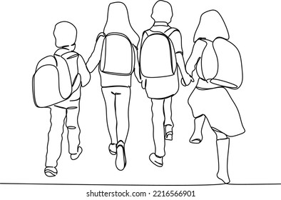 Children going to School with backpacks continuous line drawing, vector graphic. Schoolchildren boy and girl go to school holding hands, simple drawing, black and white illustration