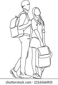 Children going to School with backpacks continuous line drawing, vector graphic. Schoolchildren boy and girl go to school holding hands, simple drawing, black and white illustration
