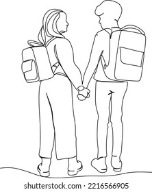 Children going to School with backpacks continuous line drawing, vector graphic. Schoolchildren boy and girl go to school holding hands, simple drawing, black and white illustration