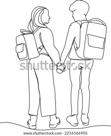 Children going to School with backpacks continuous line drawing, vector graphic. Schoolchildren boy and girl go to school holding hands, simple drawing, black and white illustration