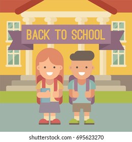 Children going to school. A boy and a girl with backpacks standing in front of school building. Flat illustration. Back to school