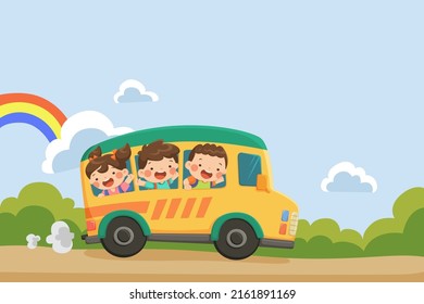 Children going to school in a school bus with a rainbow on sky background. Back to school illustration