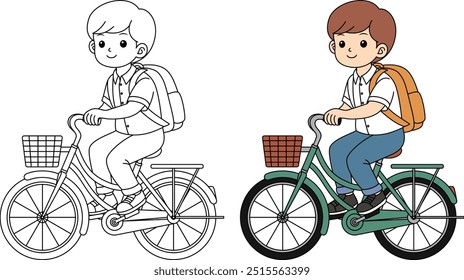 Children are going to school by bike outine coloring page 