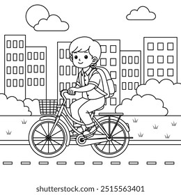 Children are going to school by bike outine coloring page 