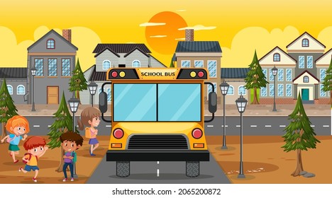 Children going to school by bus illustration