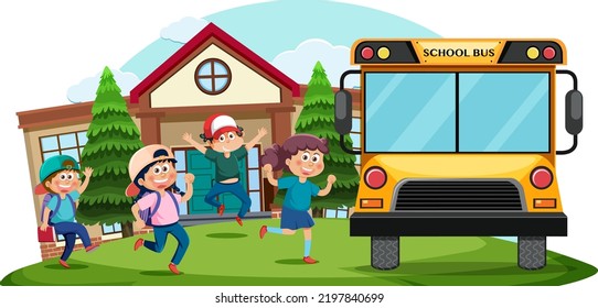 Children going to school by bus illustration