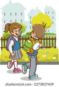 children going to school cartoon vector