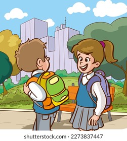 children going to school cartoon vector