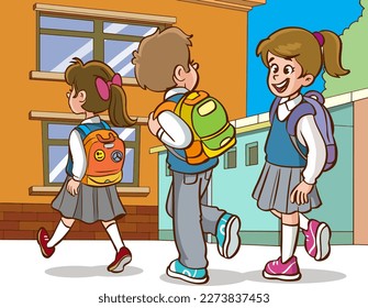 children going to school cartoon vector