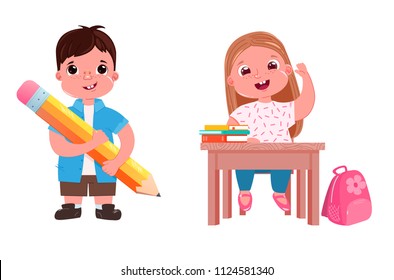 Children are going to school. The girl is studying at the lesson. A boy with a book and a pencil. Vector cartoon illustration