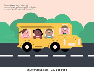 Children going to school on a school bus. happy. Happy school. Flat character.