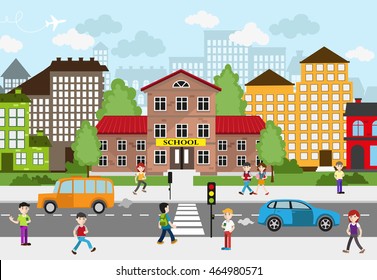 Children going to school on a busy city street. School and other buildings in the background. City landscape. Back to school concept illustration