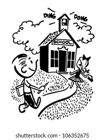 Children Going To School - Retro Clipart Illustration