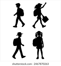 children going to school, silhouette