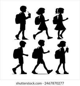 children going to school, silhouette