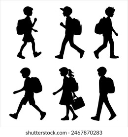 children going to school, silhouette