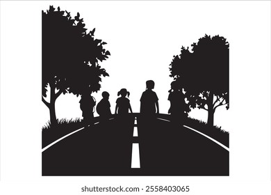 Children are going to school silouette image.