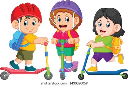 the children are going to school together with the kick scooter