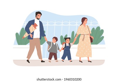 Children going to school together with their parents. Happy boy and girl walking with father and mother. Colored flat vector illustration of mom, dad and schoolchildren isolated on white background