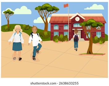 Children going to school.School building exterior with sidewalk and green trees in yard. Beginning of class after vacation. 