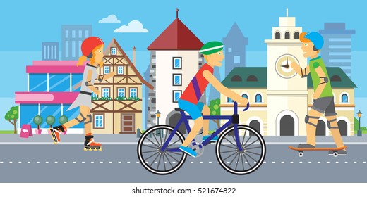 Children going in for sport in city. Urban town landscape at daytime on background. City street vector illustration. Modern town building. Metropolis panorama. Vector illustration in flat style