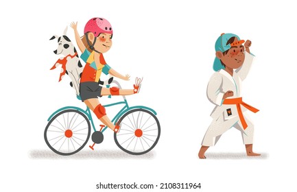 Children going sports set. Boy riding bike and practicing martial art cartoon vector illustration